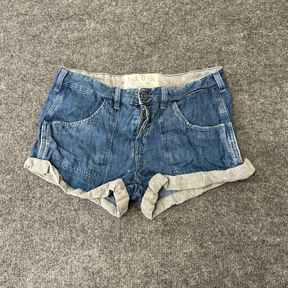 Jack Wills Shorts Womens Size 4 Blue Denim Cuffed Floral Trim Casual Button Fly